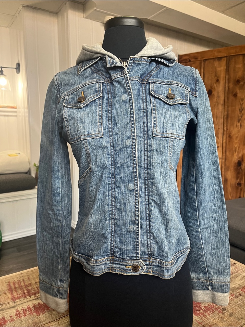 Light Wash Denim Jacket with Gray Attached Hoodie